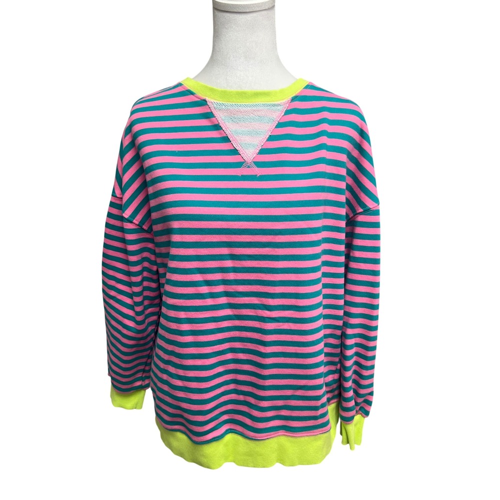 Striped Sweatshirt Womens Crew Neck Pink Blue Neon Sz M Y2K Retro Streetwear